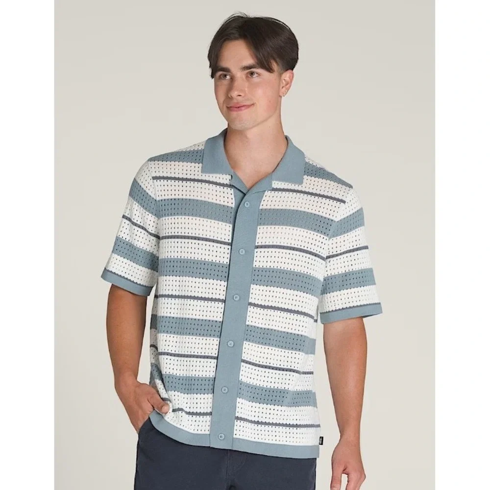 Vans Feldman Sweater Shirt Polo Mens Large Blue White Striped Open Knit NWT